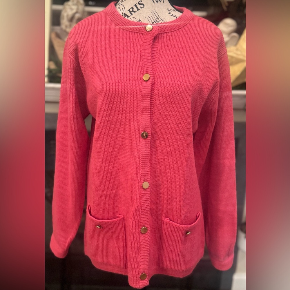 Vintage Pink Haymaker Cardigan Acrylic Gold Buttons Front Pocket Small Medium 36